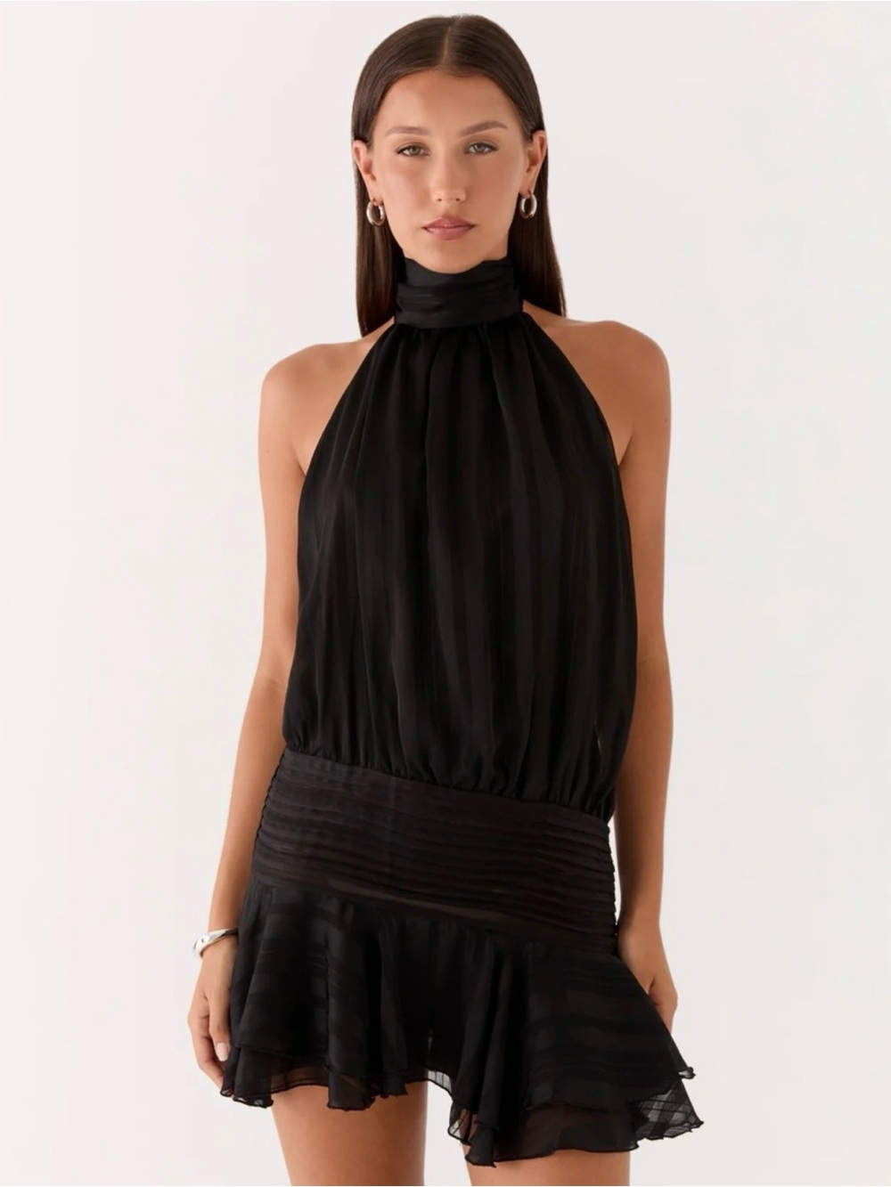 Peppermayo Willow Chiffon Mini Halter Backless Dress in Black